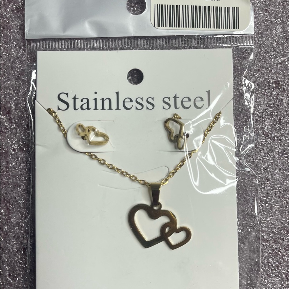Double Heart Gold Stainless Steel Necklace and Earrings Set